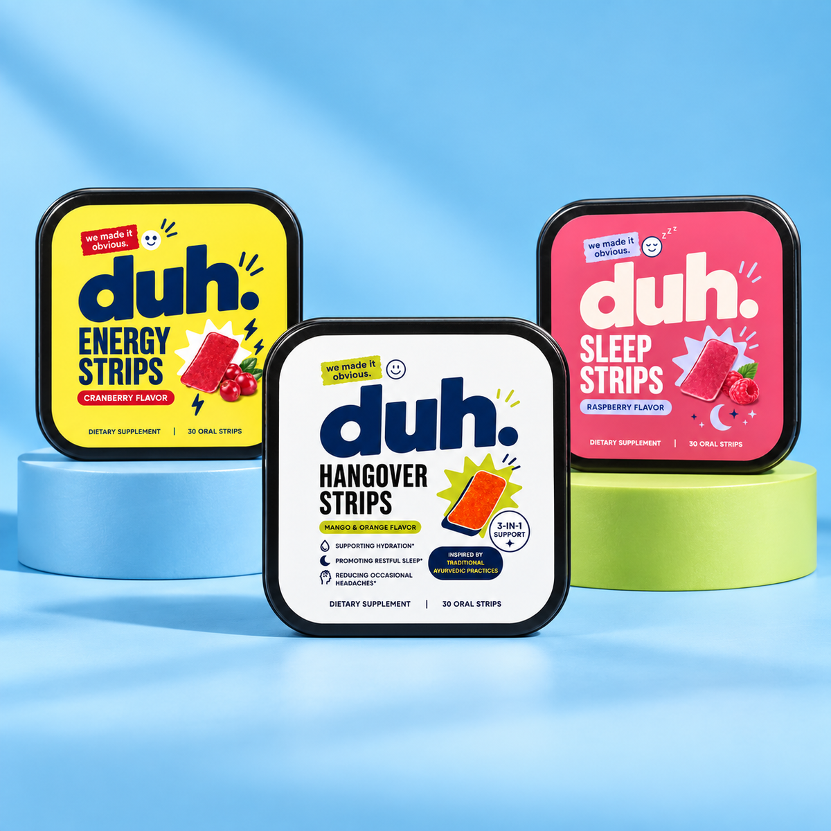 duh. Energy, Hangover and Sleep strip tins on blue and lime display stands
