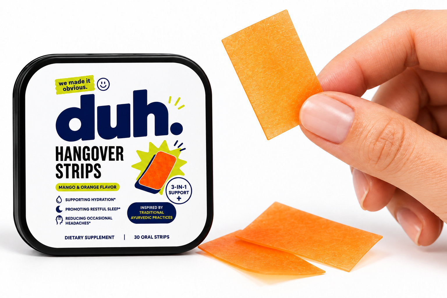 A hand holding a thin orange duh. oral strip beside a Hangover Strips tin